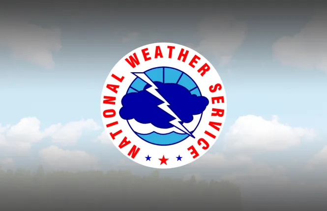 The National Weather Service logo featuring a blue cloud, white lightning bolt, and sun rays, surrounded by a white circle with National Weather Service in red text and three stars. Background shows a cloudy sky above trees.